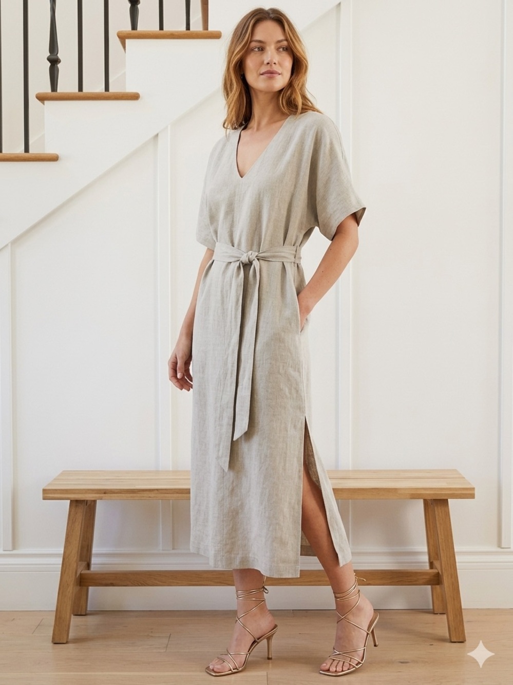 Karen Kane Oat Linen V-Neck Belted Midi Dress NWT Size XL